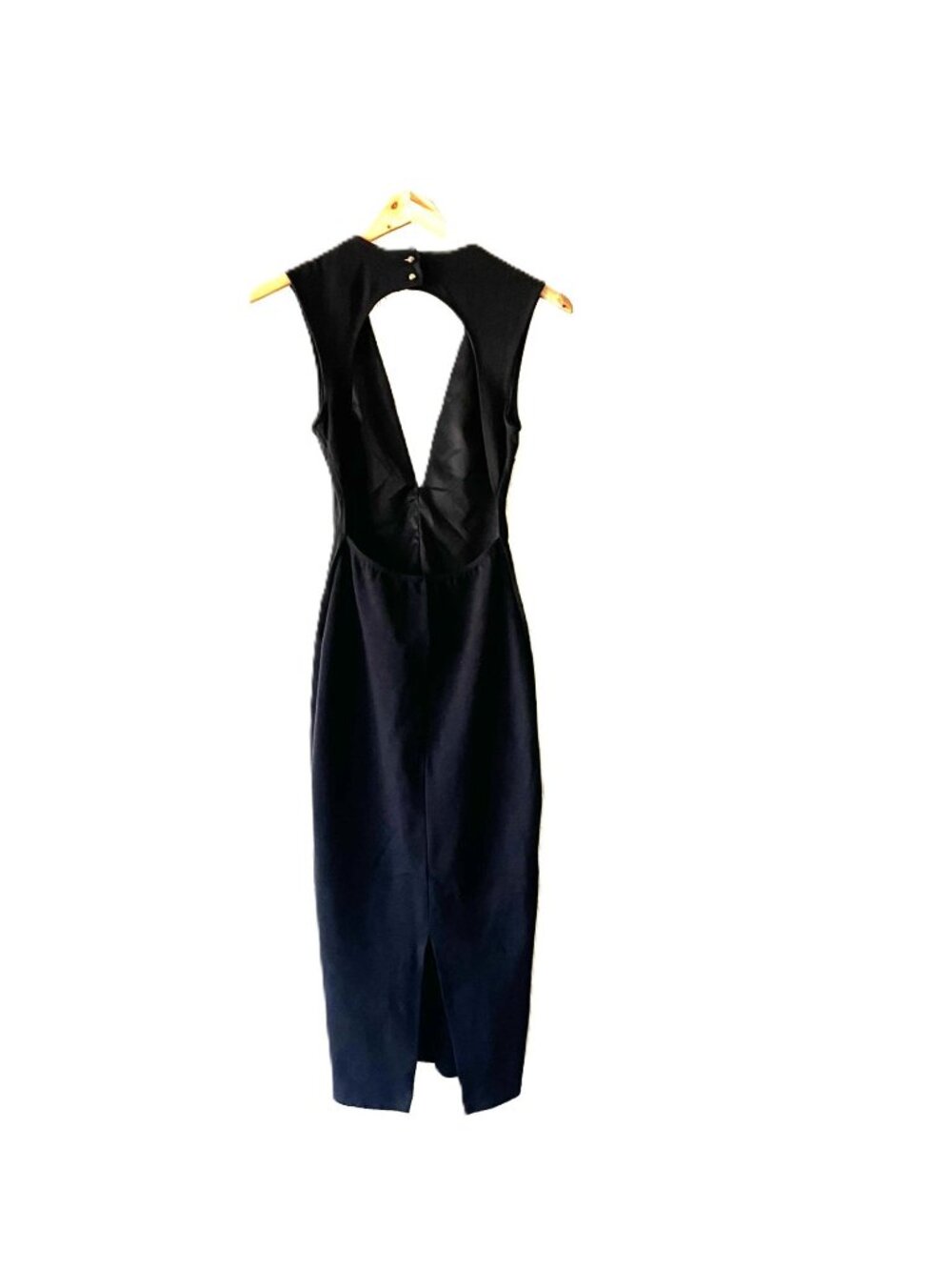 GUESS Los Angeles Deep V Midi Dress XS Black Stretchy Open Back Golden Buttons - Picture 2 of 11